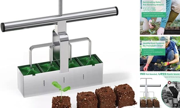 Soil Blocker with Comfortable Handle, 4 Cell Soil Block Maker 2 Inch Mold