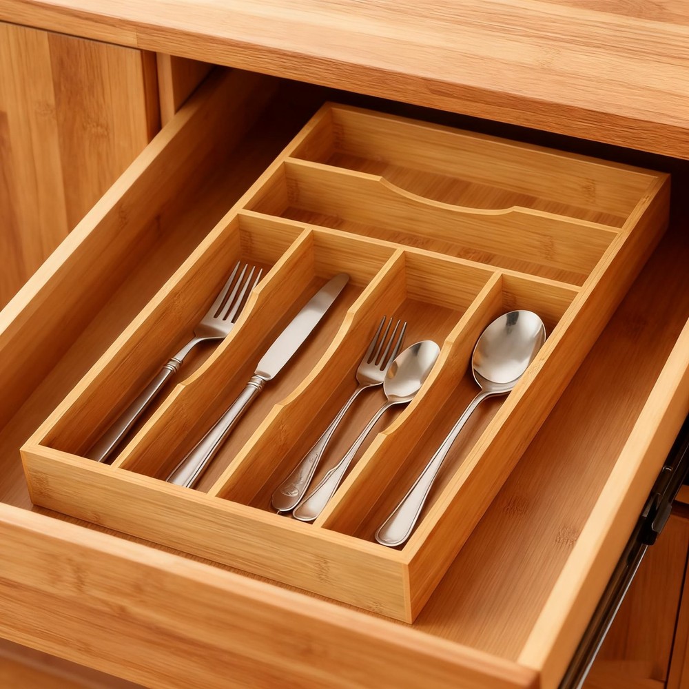 Bayting Bamboo Silverware Organizer, Kitchen Drawer Medium,