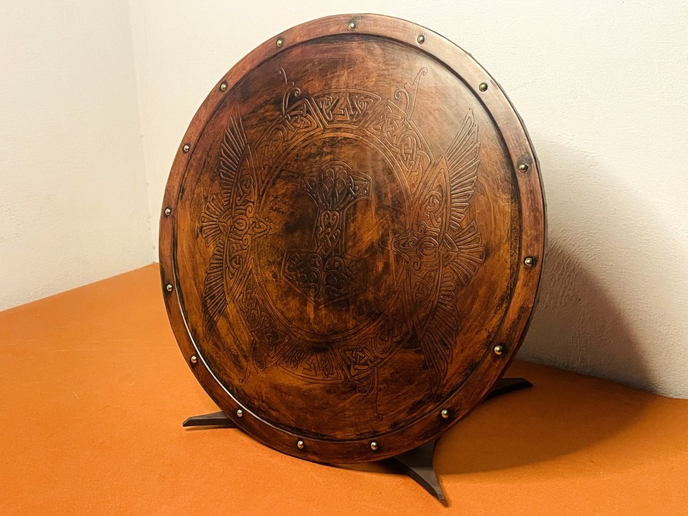 Viking Leather Shield | Eivor Valhalla Raven Mjölnir Leather Shield