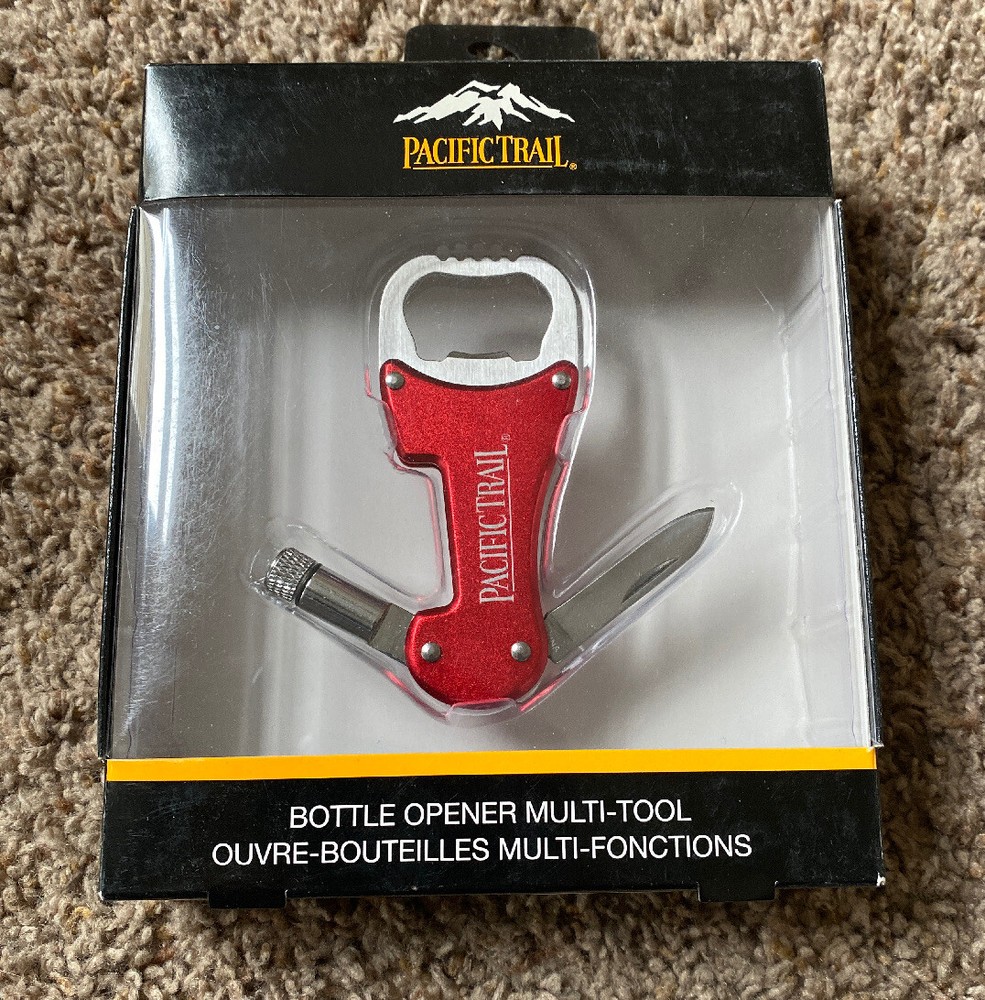 NEW PACIFIC TRAIL RED BOTTLE OPENER MULTI TOOL FOLDING POCKET KNIFE FLASH LIGHT