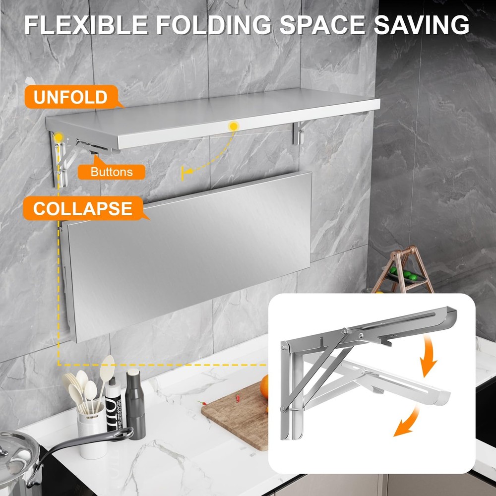 Folding Wall Shelf 31.5" x 12", Stainless Steel Wall Mounted Folding Table, 1...
