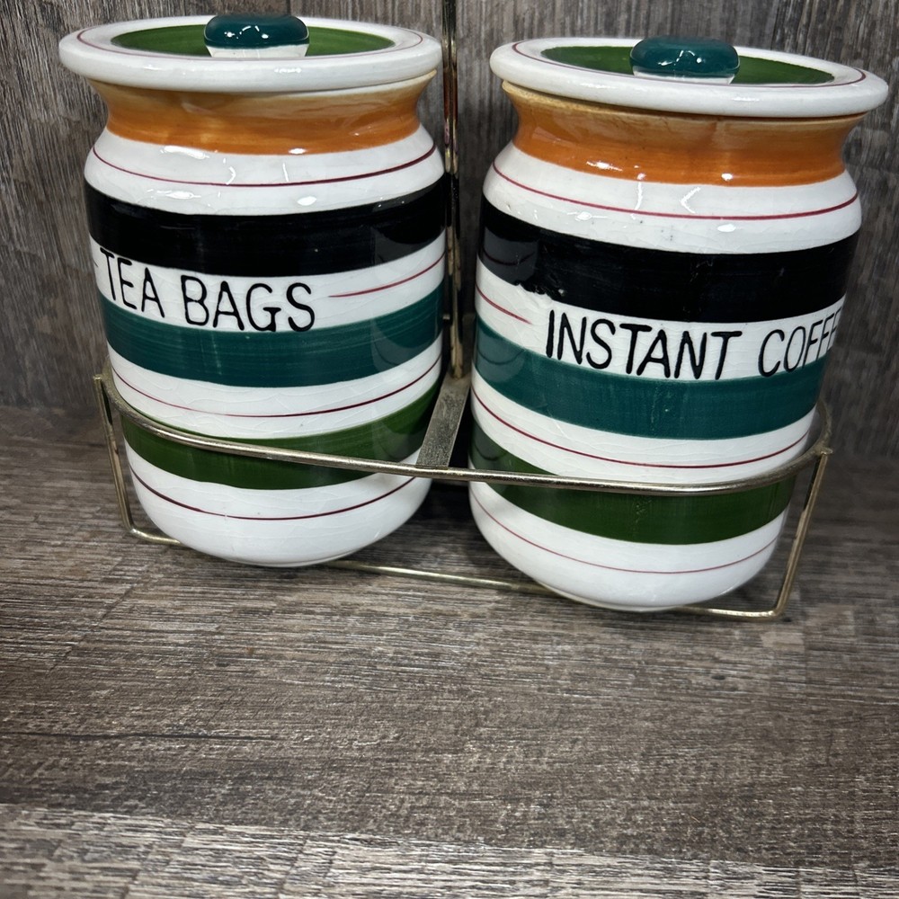 Really Cute Tea And Instant Coffe Ceramic Jars W/ Wire Carrying Cady