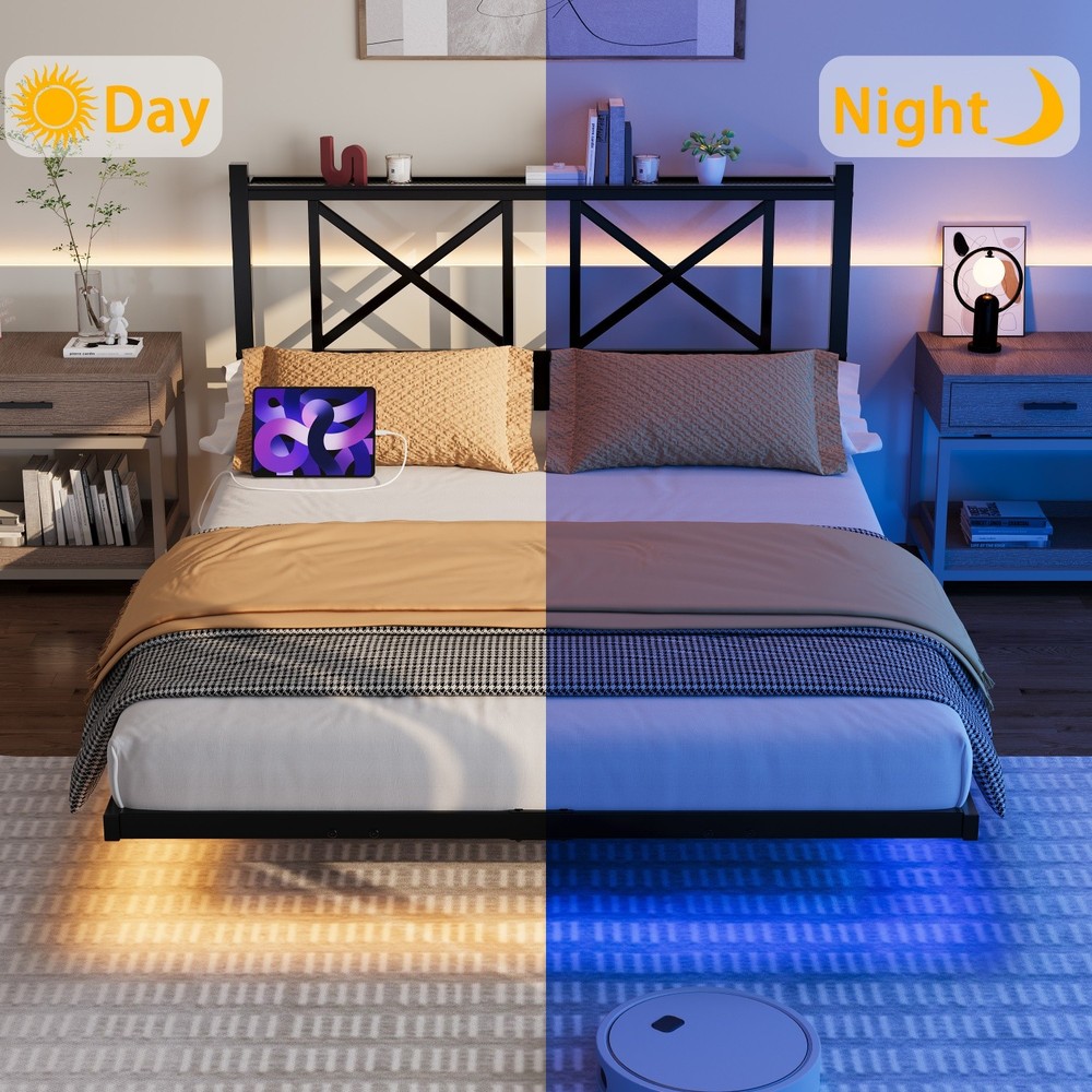 Full/Queen Size Metal Floating Platform Bed with Storage Headboard & LED Lights