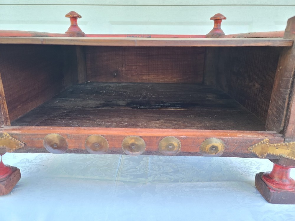 Antique Primitive Wood Brass Side End Table Tea Low Blanket Cabinet Storage Box