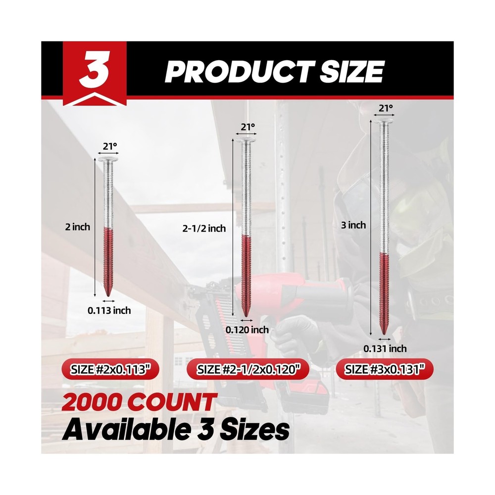 2000 Count 21 Degree Framing Nails, 2-1/2" x 0.120" Full Round Head, Ring Sha...