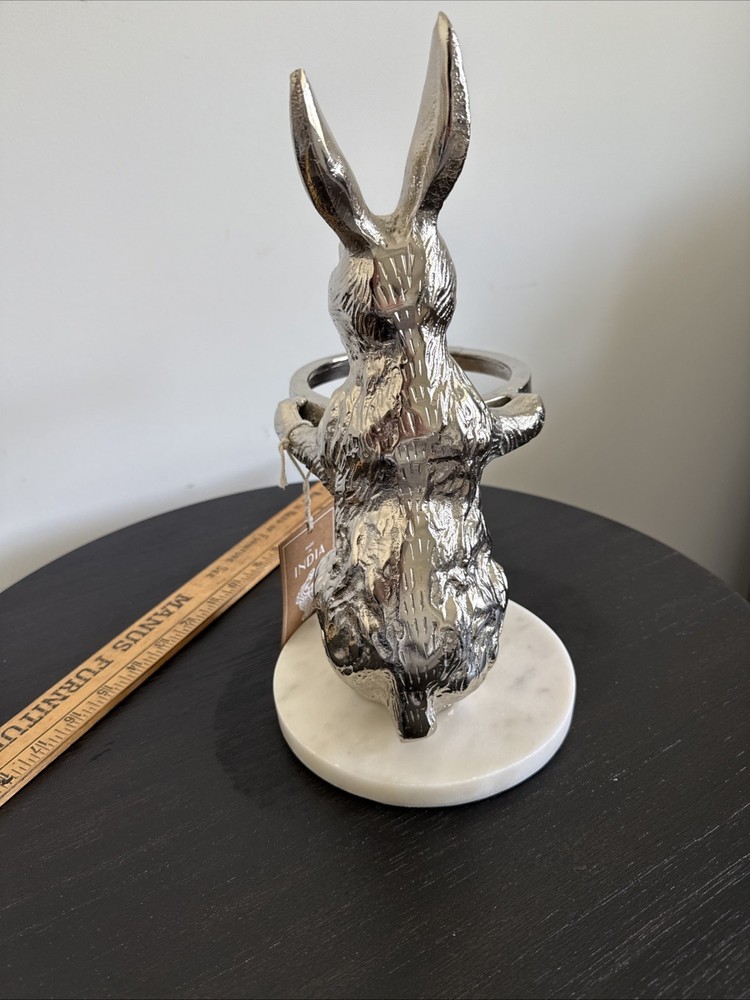 12.5” Silver Easter Rabbit on Marble Stand Missing Candy Glass Bowl Home Decor