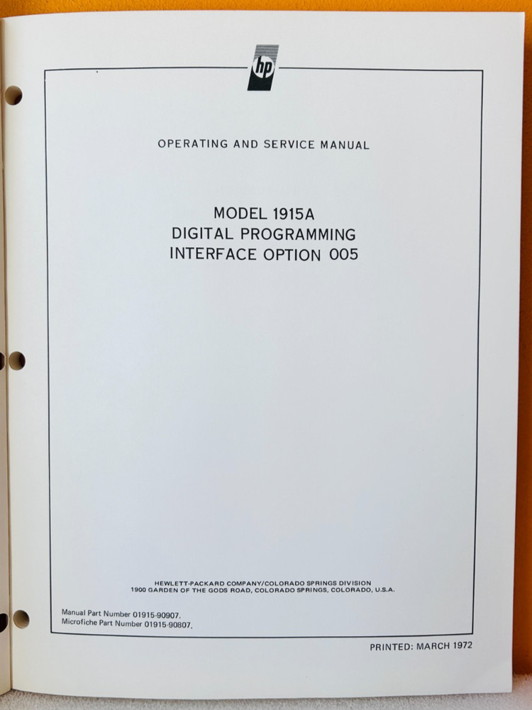 HP 01915-90907 1972 Model 1915A Digital Programing Interface Option 005 Manual.
