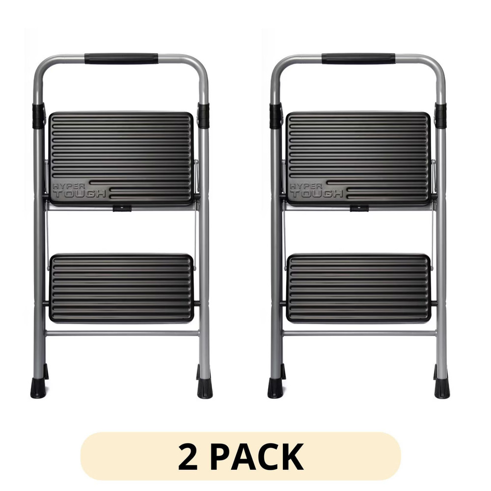 2 Pack Heavy Duty Folding 2 Step Steel Stool Platform 225 lb Capacity Gray Black