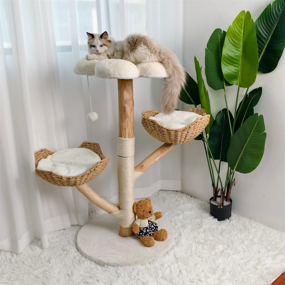 Solid Willow Wood Cat Tree w/ Soft White Bed & Scratching Post for 3 Large Cats