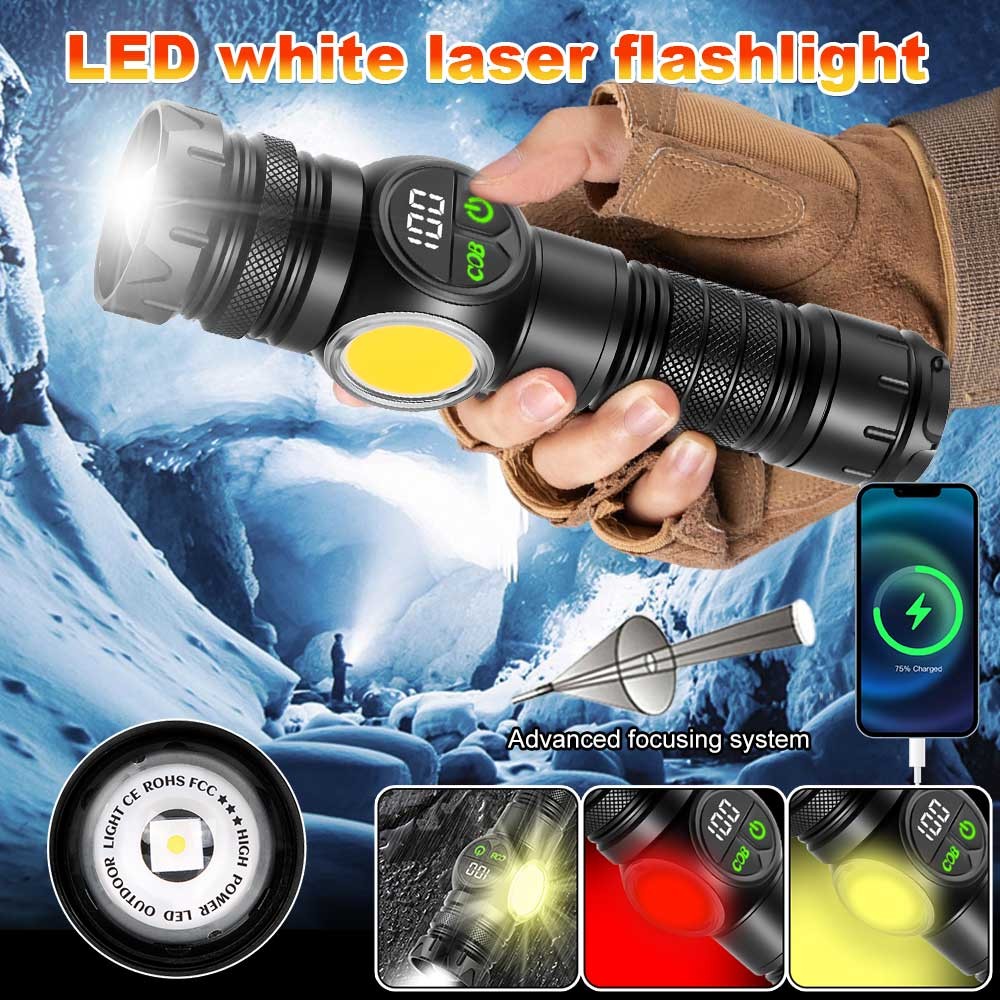 Laser White LED Flashlight Torch COB Yellow Red Camping Light Zoom USB Charging