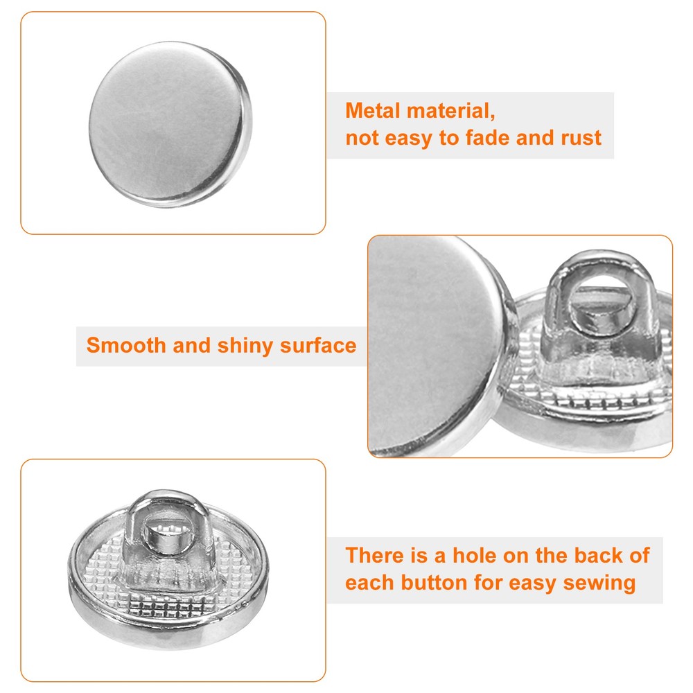 30pcs Metal Round Flat Sewing Buttons 10mm Alloy Button, Silver Tone