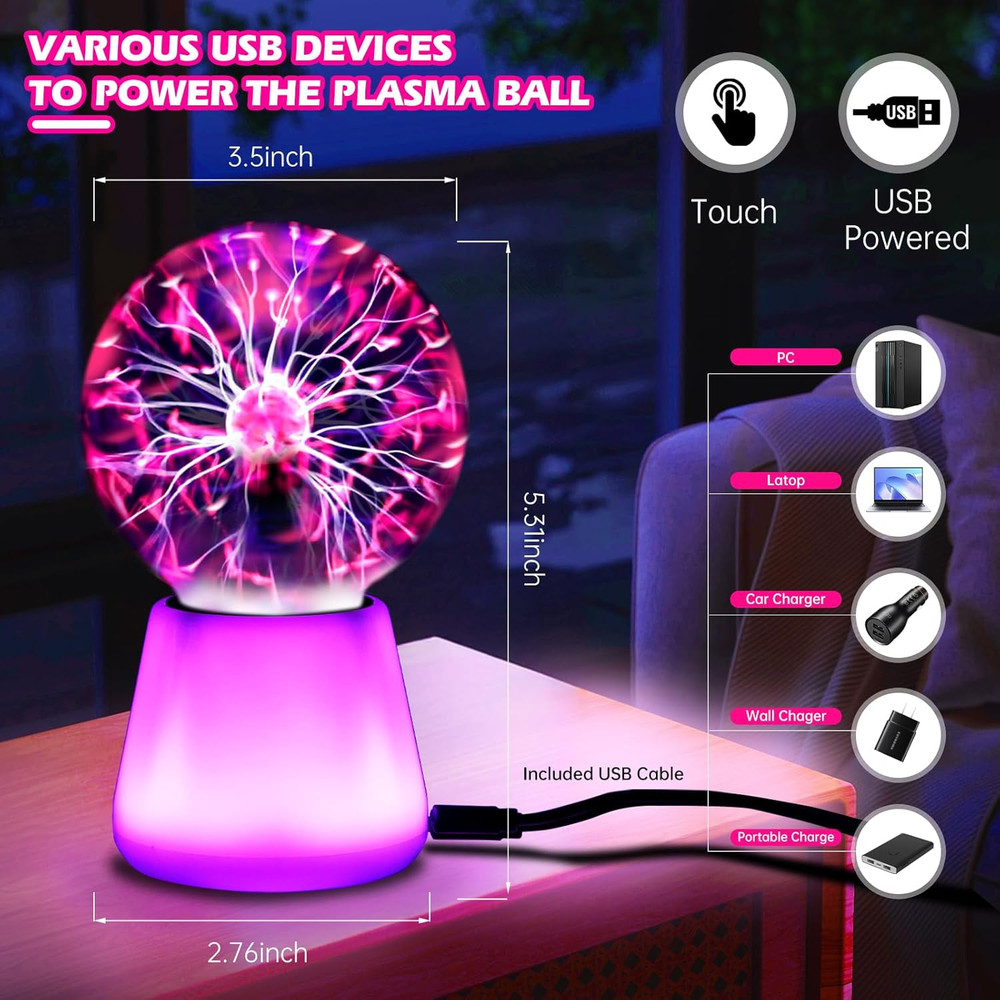 Plasma Ball Lamp Interactive Touch Lightning Globe 3 Inch Fun Lamp USB Powered 7