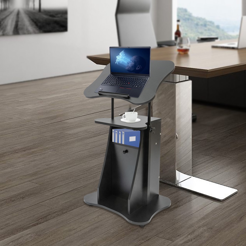 Mobile Lectern Podium Stand Height Adjustable Sit-to-Stand Desk with Storage