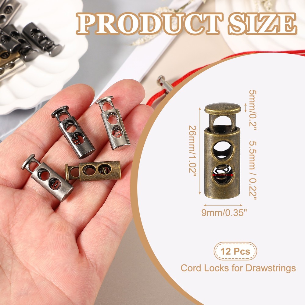 Metal Cord Locks, Double Hole Draw String Spring Stopper 12 Pcs & Bronze Tone