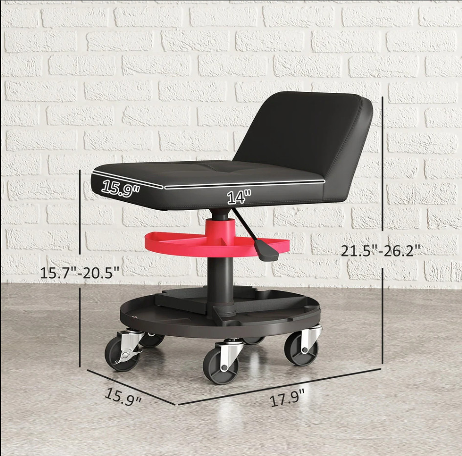 HOMCOM Rolling Mechanic Stool, 300 LBS. Capacity Garage Stool, Black