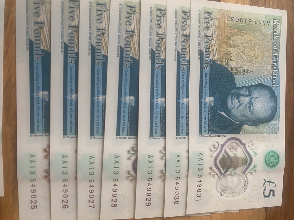 7 x £5 Consecutive Numbered AA13 low no’s £5 Notes Uncirculated MINT condition
