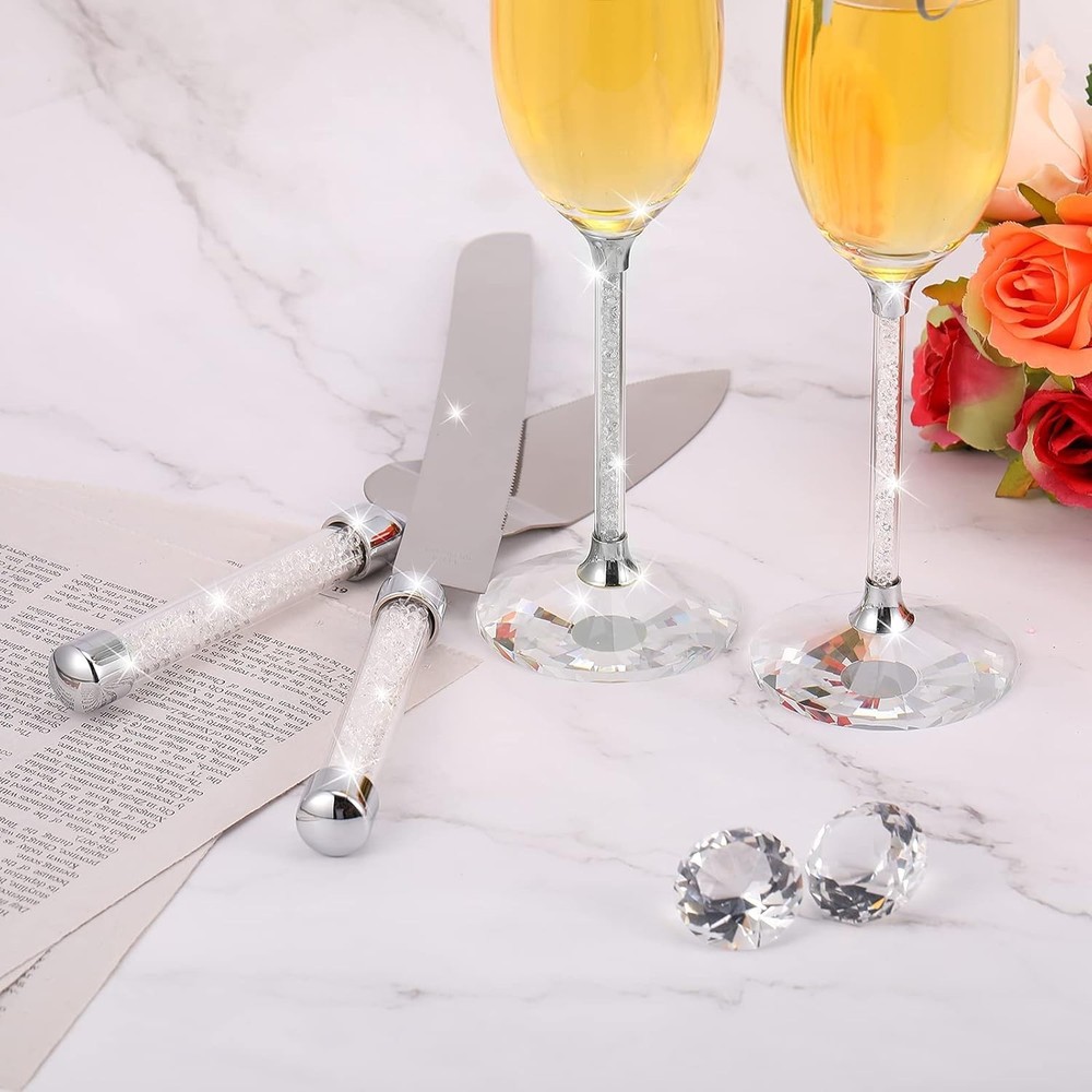 Modern Silver Cake Cutting & Toasting Flutes Set - Ideal Bridal Shower Gift