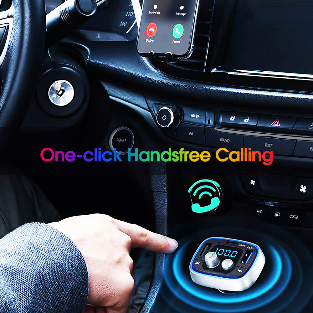 Bluetooth 5.1 FM Transmitter Car Adapter 7 Colors LED Backlit Hands-Free Calling