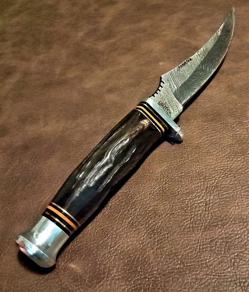 Real Damascus 9" Hunter Skinner Knife w/Bone Handle, Leather Sheath