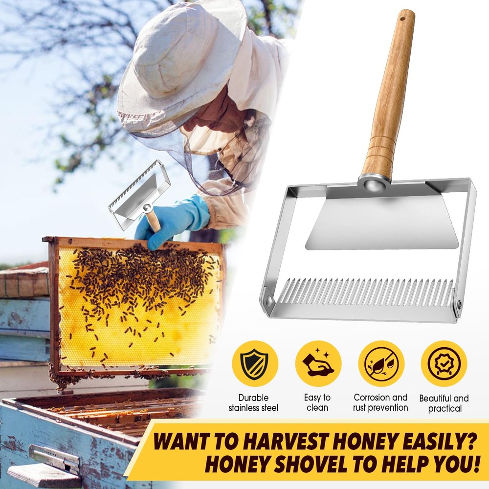 Honey Uncapping Fork Scraper 2-in-1 Stainless Steel Wooden Handle Adjustable