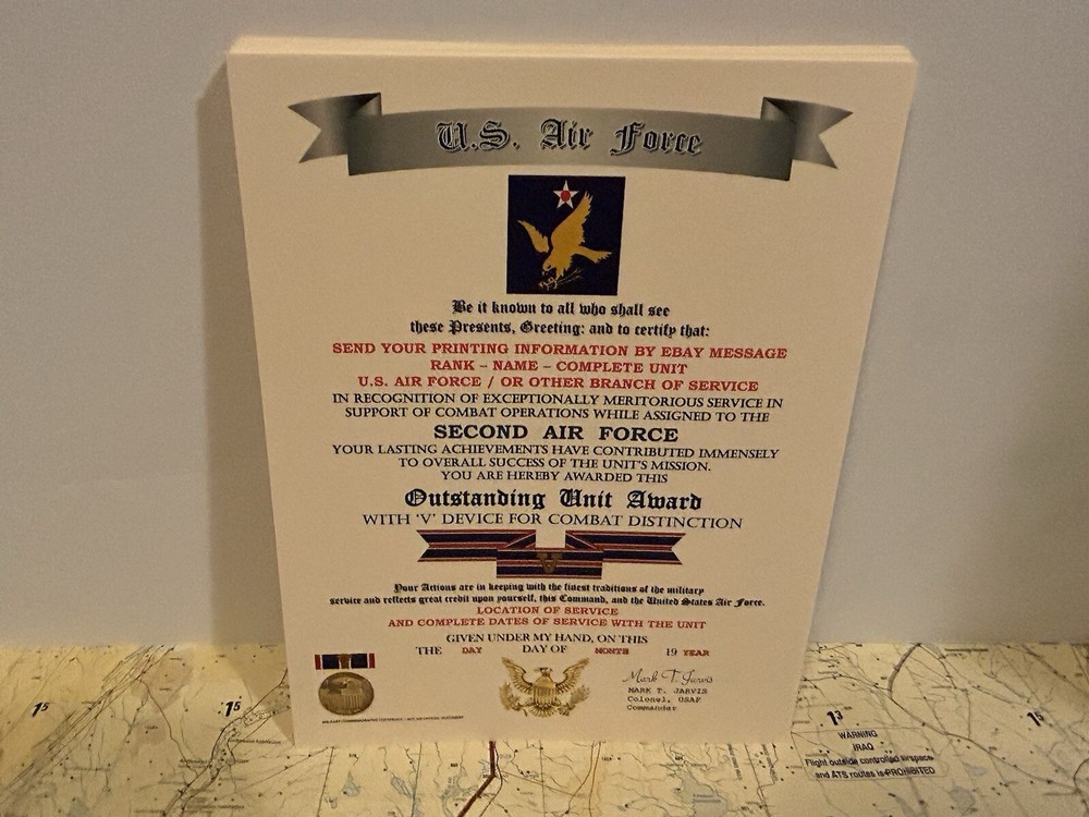 U.S. AIR FORCE / 2ND AIR FORCE - OUTSTANDING UNIT AWARD W/V DEVICE CERTIFICATE
