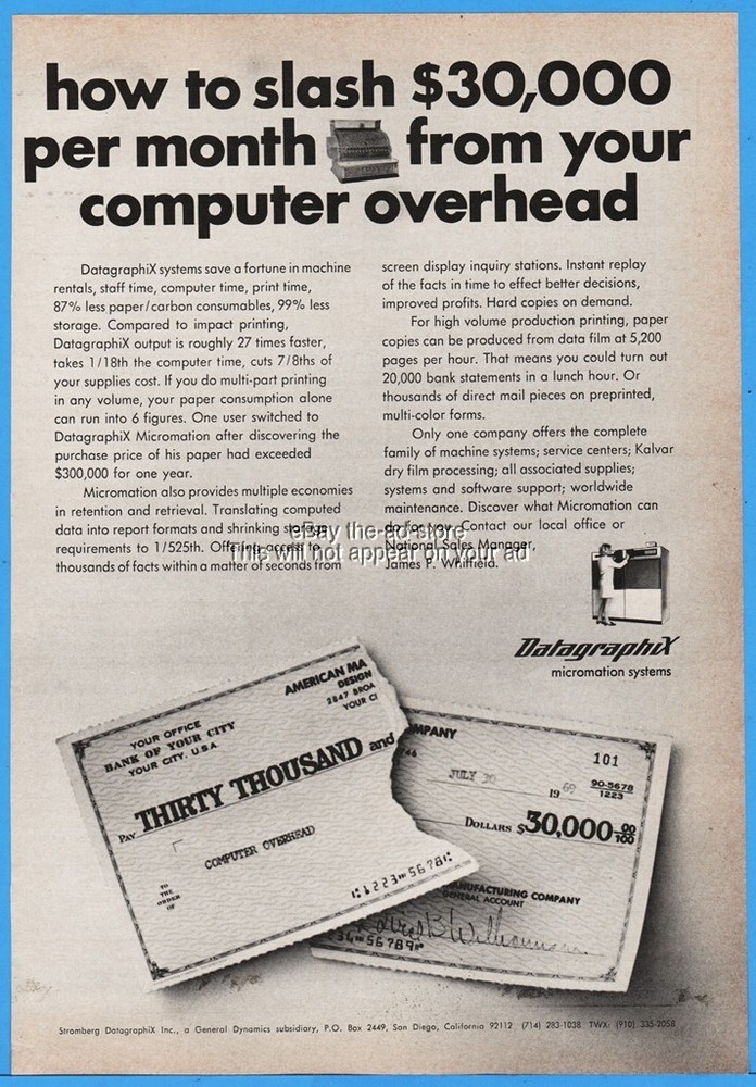 1969 Stromberg DatagraphiX San Diego CA Vintage Computer General Dynamics Ad