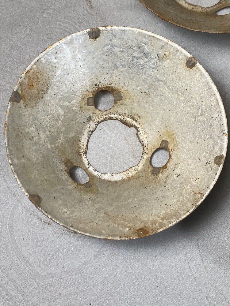 6 Antique Metal Cones, Repurpose? PENDANT LIGHT SHADE, Cream Separator Discs