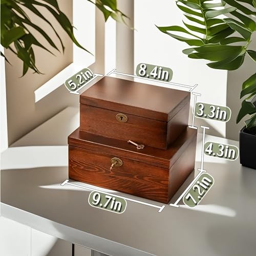 Wooden Box with Hinged Lid - 2 Pack - Vintage Decorative & Lockable Chest -