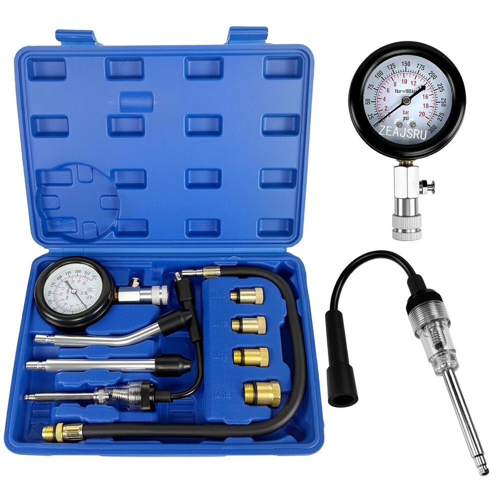 9 Pieces Compression Tester with Spark Plug Tester, Test Gauge, BLUE