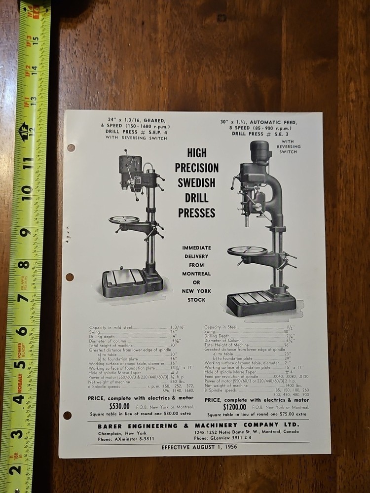 HIGH PRECISION SWEDISH DRILL PRESSES BARER MACHINE ADVERTISMENT