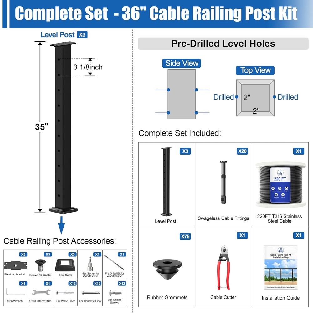 CKE 10Ft-15Ft Complete Set 36" Cable Railing Post Kit, 3Pack Black Level Drilled