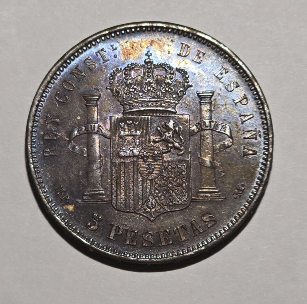 1889 Spain 5 Pesetas UNC Details Cleaned