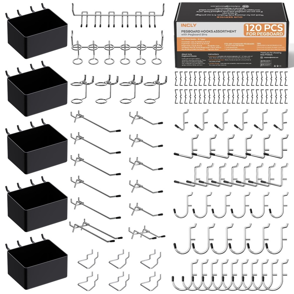 INCLY 120PCS Pegboard Accessories Organizer Kit, Peg Board Hooks Assortment w...