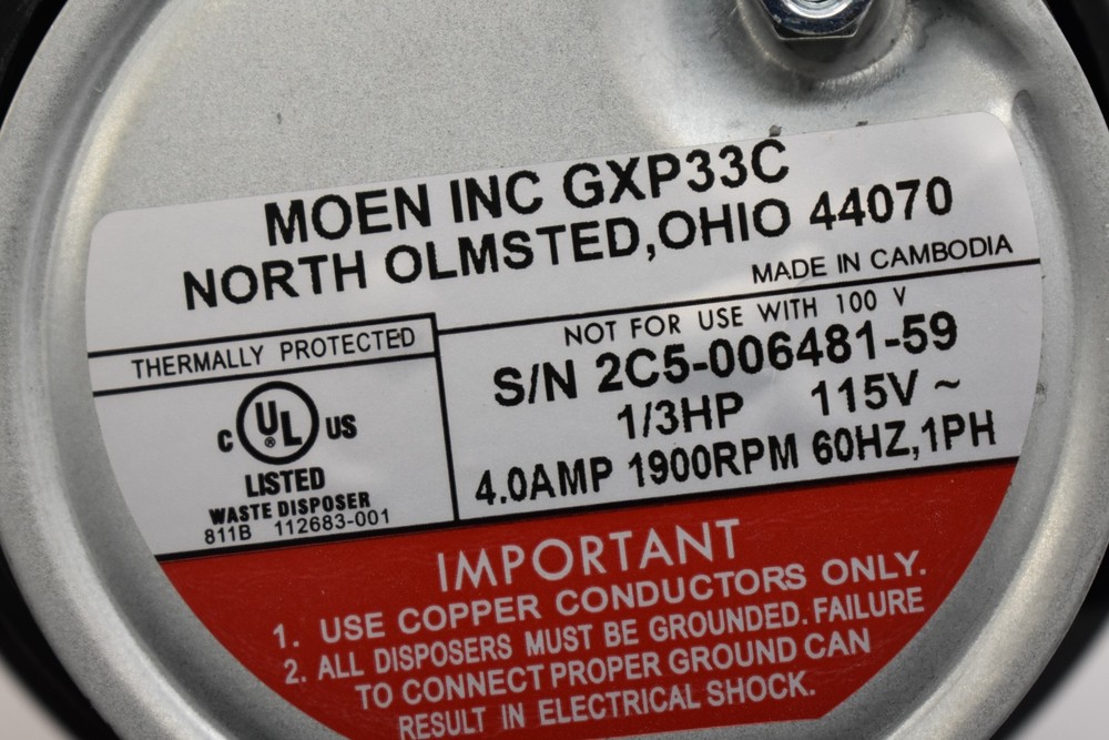 Moen Lite Series Pro 1/3 HP Compact Continuous Feed Garbage Disposal GXP33C READ