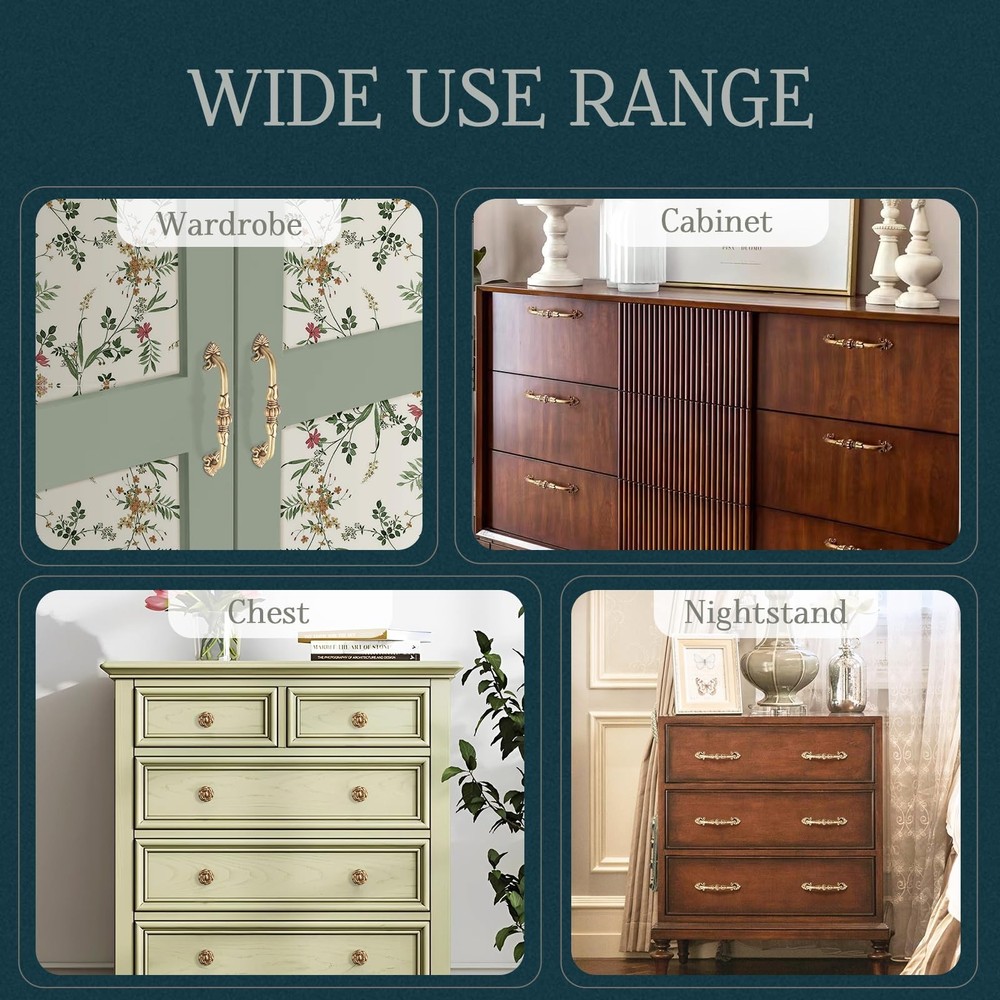 2 Pack 3-3/4” Brass Cabinet Pulls Antique Floral Pattern Cupboard Handle D