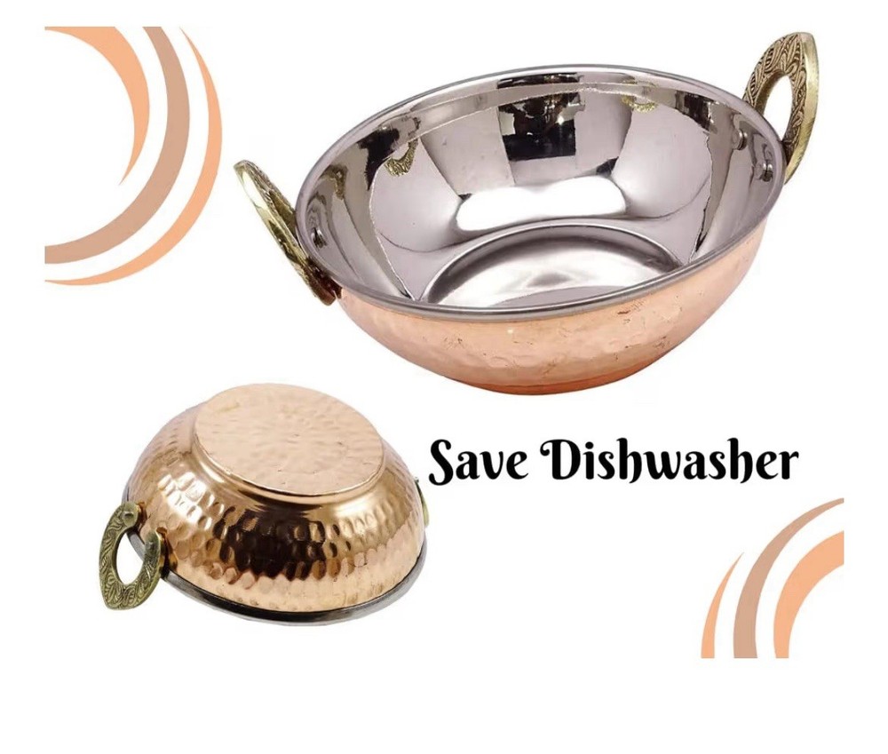 ® Set of 4, Indian Copper Serveware Karahi Vegetable Dinner Bowl with Solid B...