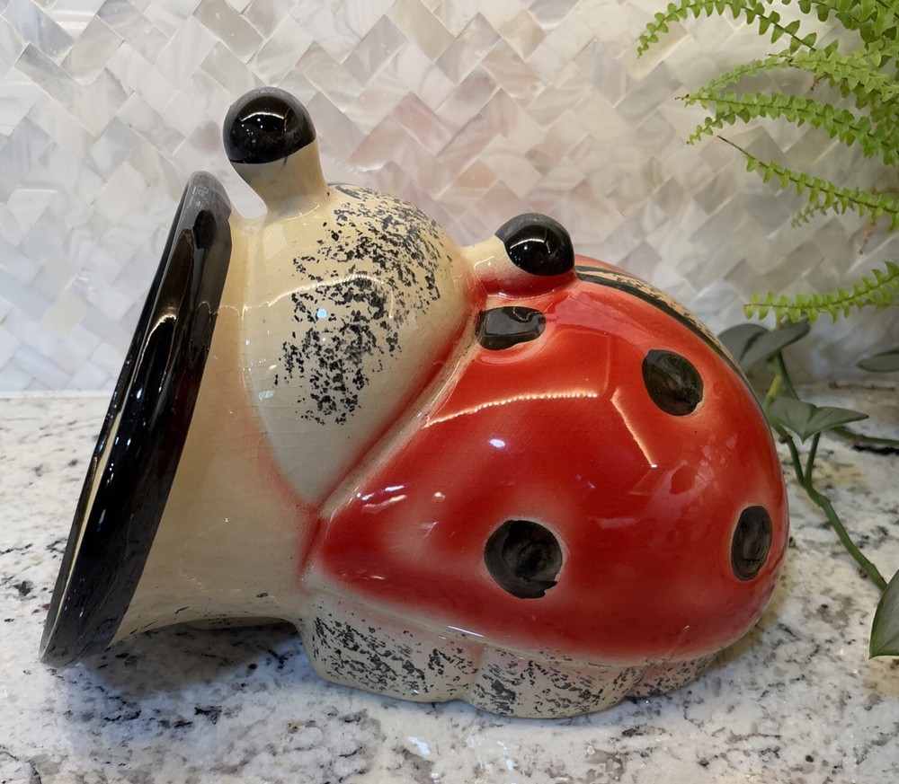 vintage kitschy ceramic handpainted ladybug planter anthropomorphic Plants