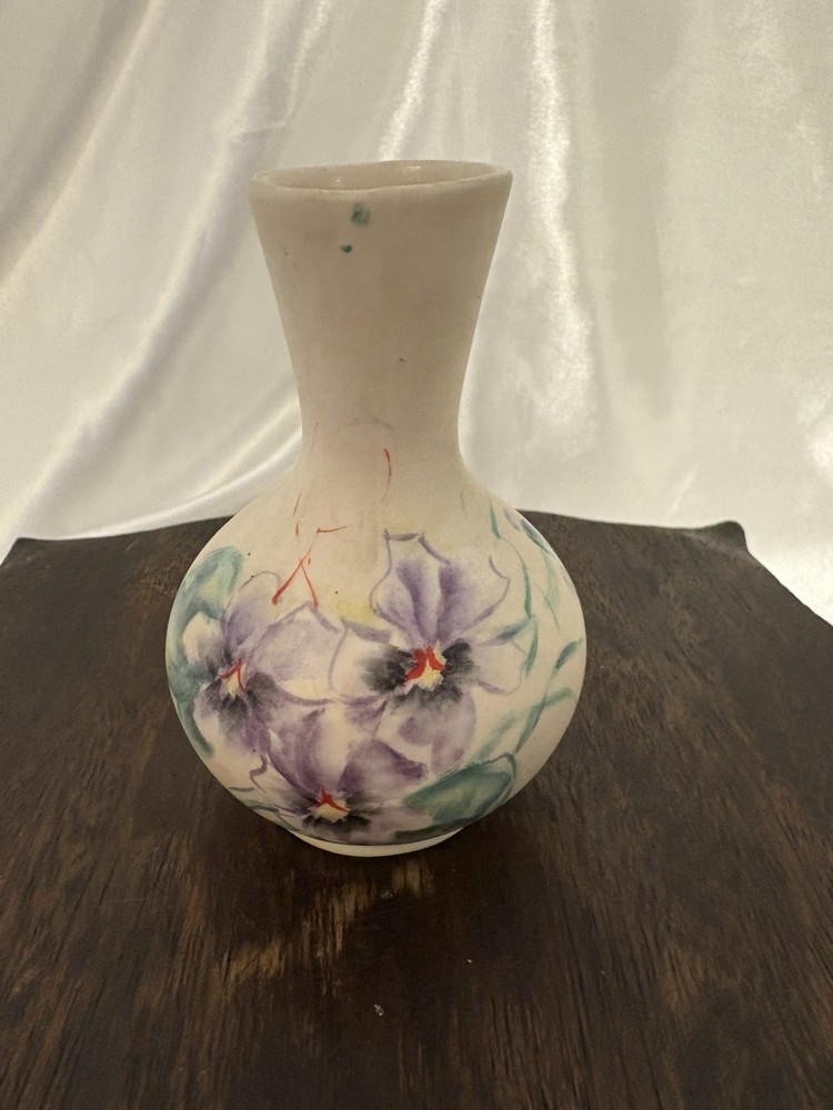 Hand Painted Ceramic Signed Floral Vase 4” tall