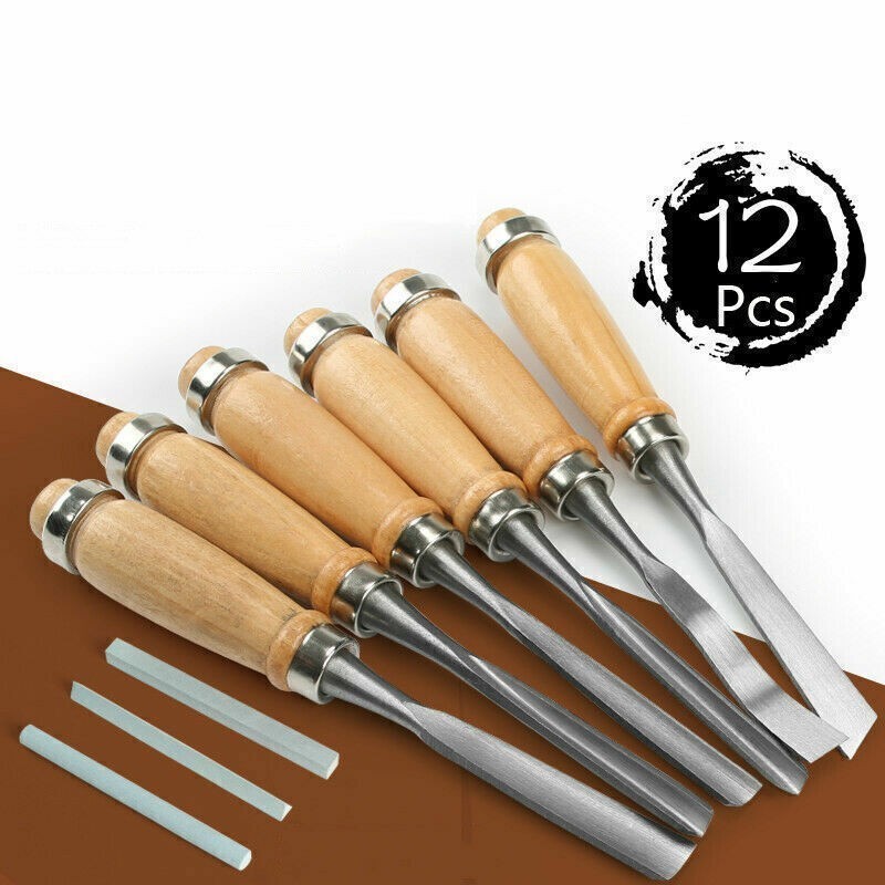 12 Piece Wood Carving Hand Chisel Tool Set Professional Woodworking Gouges Steel