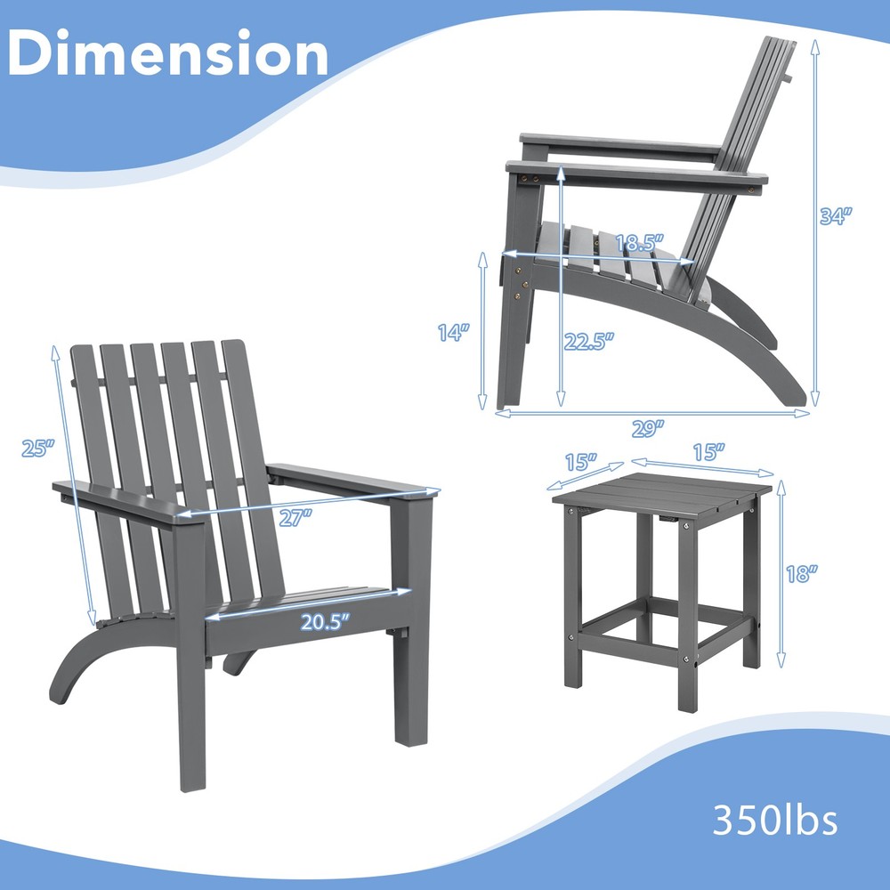 Patiojoy Patio 2PCS Adirondack Chair Side Table Set Solid Wood Garden Deck Grey