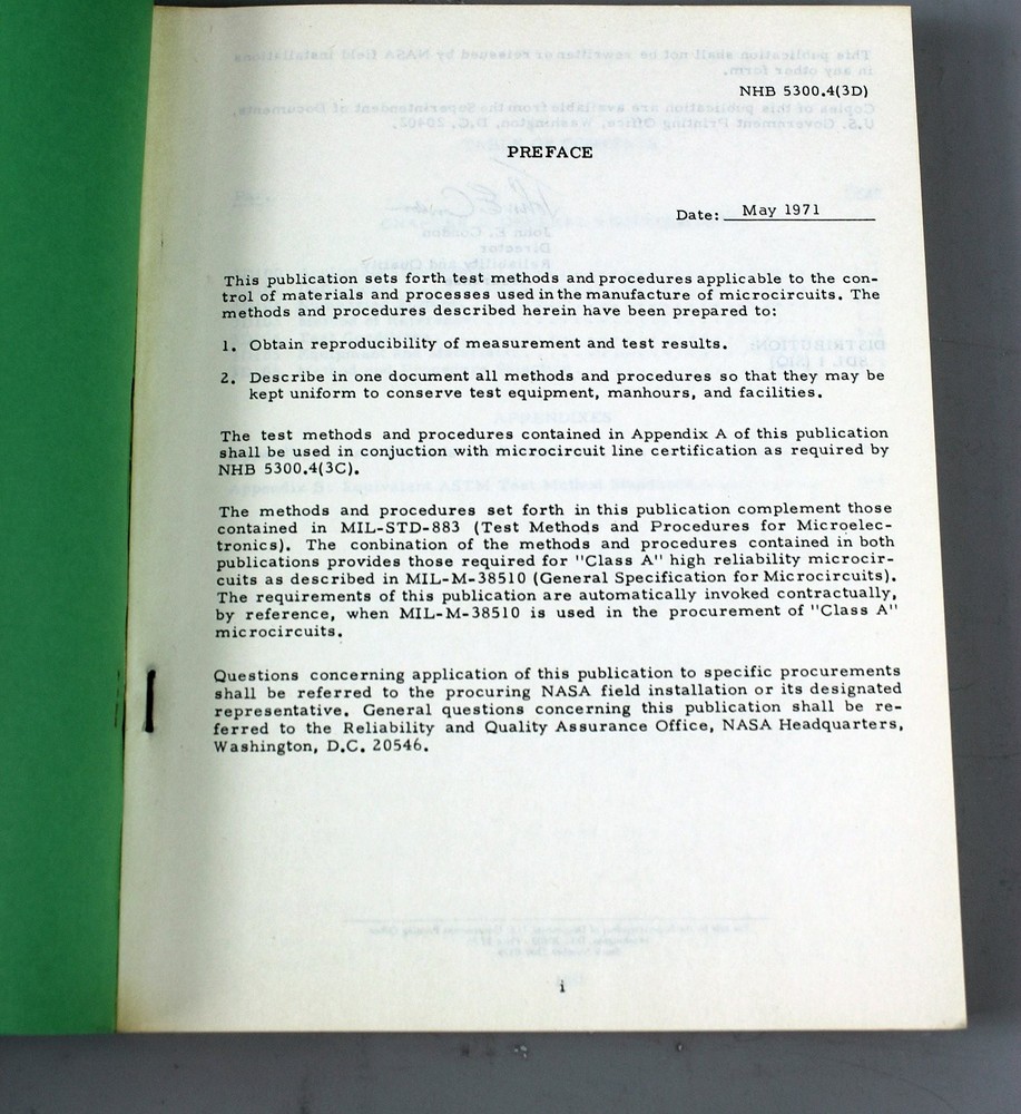 NASA NHB 5300.4(3D) Technical Manual Microcircuit Line Certification 1971