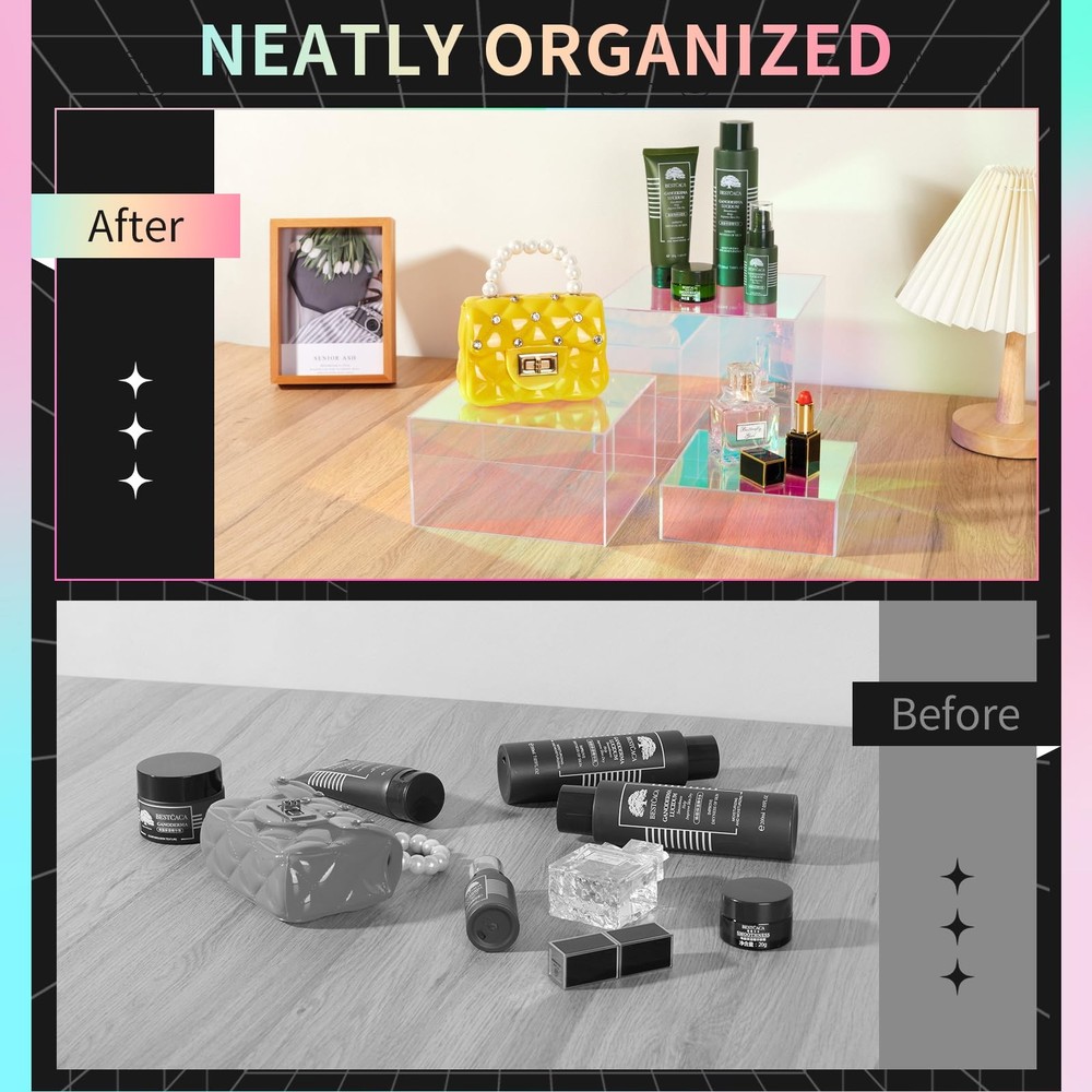 3Pcs Iridescent Risers Display Stands, Stackable Acrylic Cubes Display Box, N...