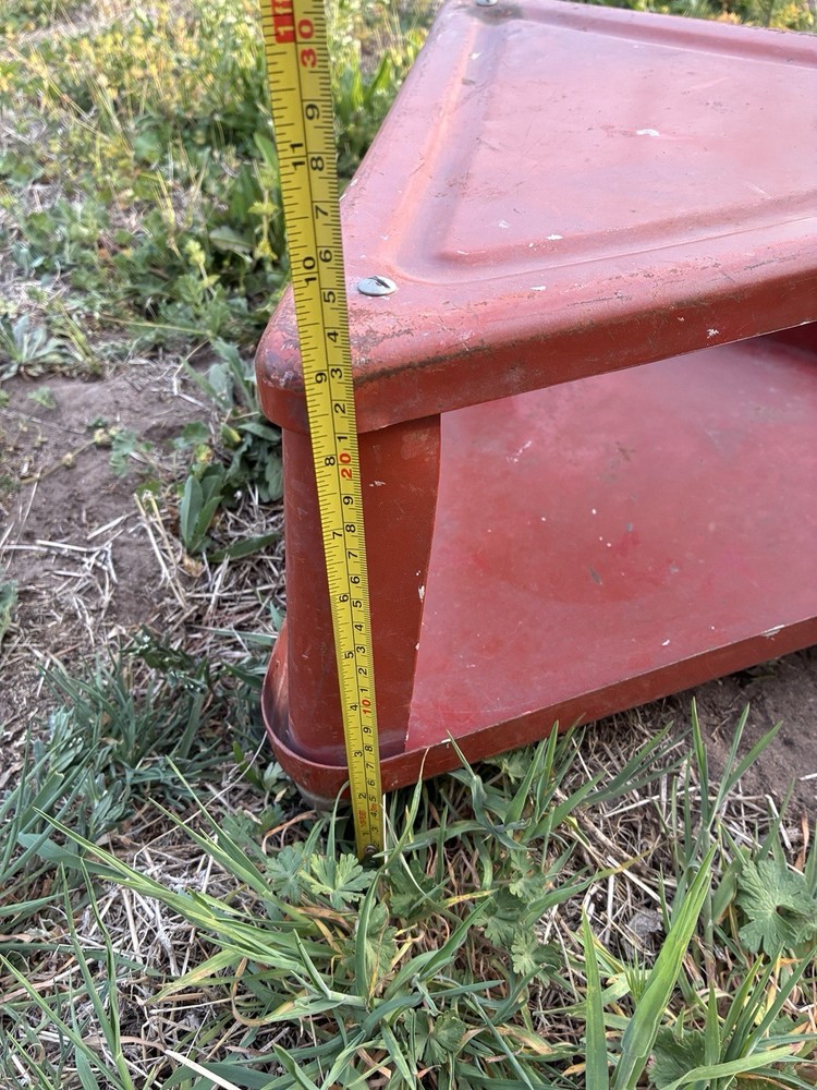 Vintage Red Triangular Mechanic Industrial Rolling Metal Stool on Wheels