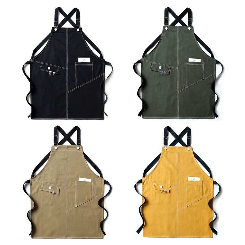 Solid Color Denim Apron with Pocket for Cross Back Adjustable Buckle Kitchen Bib