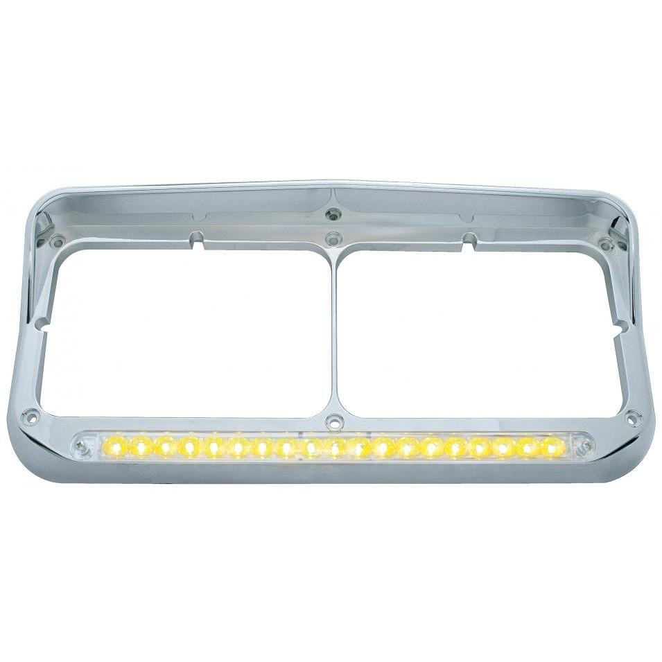 Universal Chrome Rectangle Dual Headlamp Bezel With Visor & 19 Amber LED Light