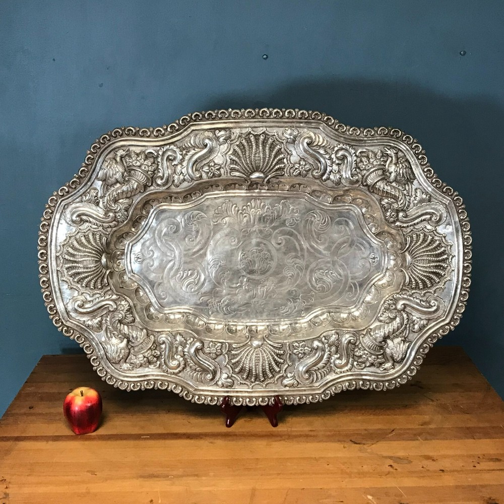 Impressive 19th C. Continental Sterling Silver Repousse Platter