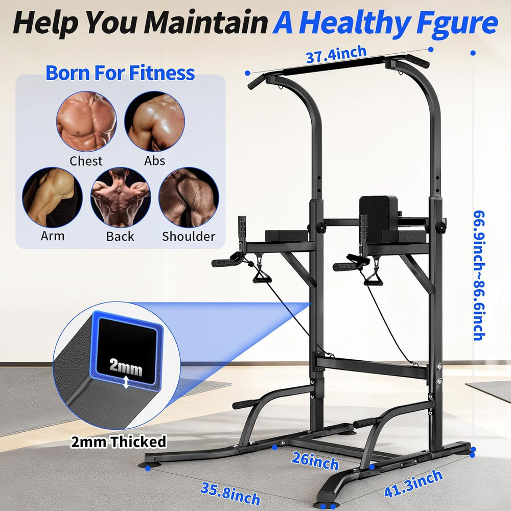 Pull up Bar Power Tower Dip Station, Adjustable Strength Training Equipment for
