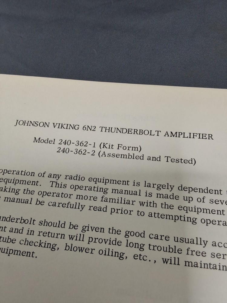 E.F. Johnson Viking 6N2 Thunderbolt Amplifier Operating Manual