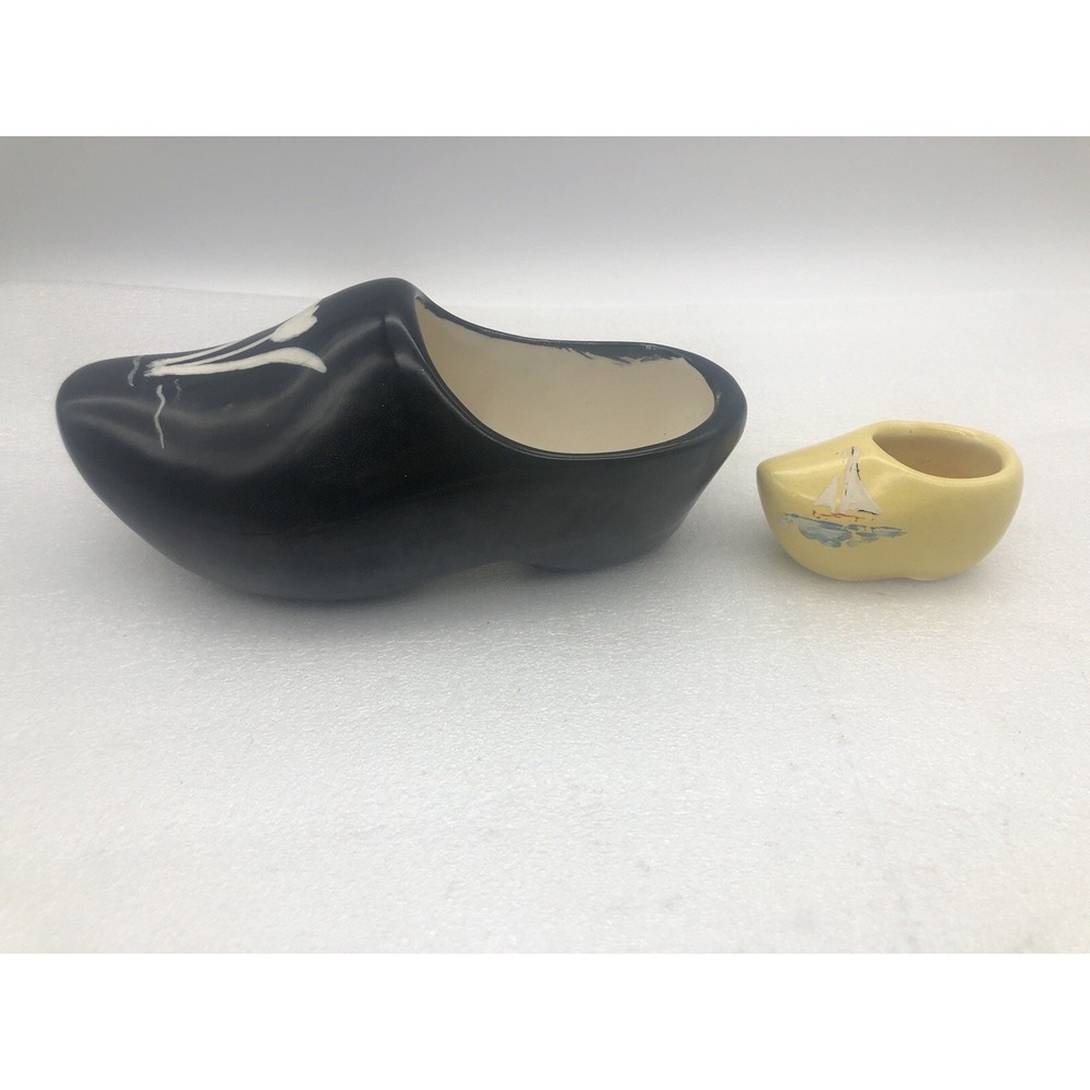 Ishoy ? signed 3/23/54 black dutch Shoe planter 7” & Mini Yellow w/hand painted
