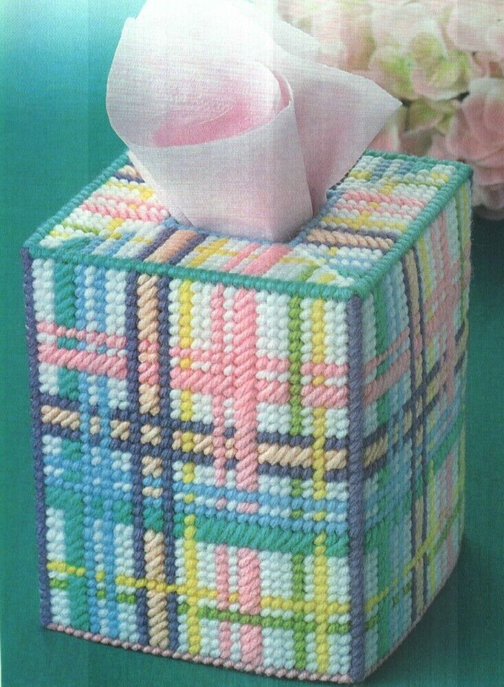 SPRINGTIME PLAID TISSUE BOX COVER HOME DECOR PLASTIC CANVAS PATTERN INSTRUCTIONS
